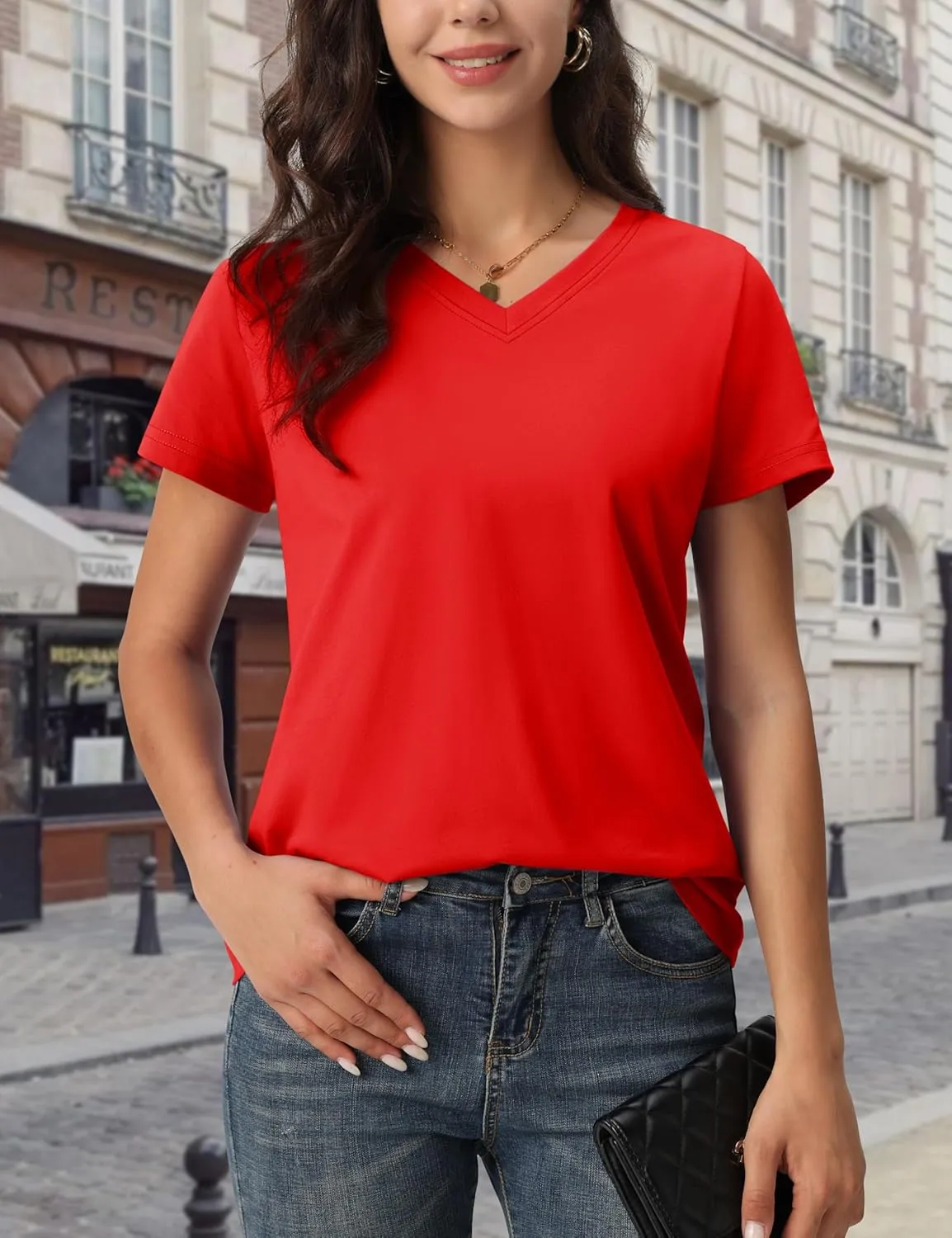 MAGCOMSEN Women's Cotton T Shirt V-Neck Short Sleeve Shirt Classic-Fit Casual Breathable Tee Summer Basic Tops