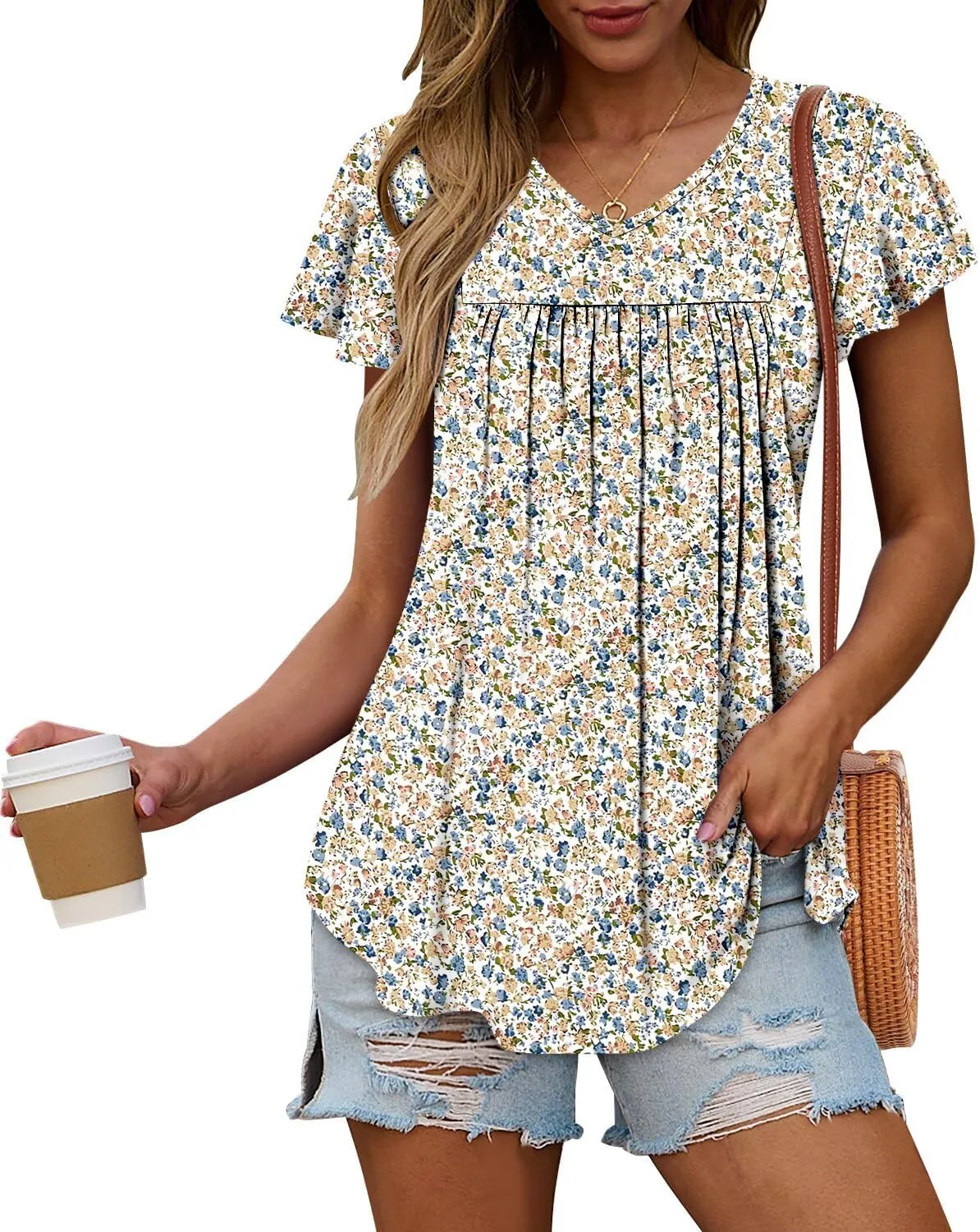 Magritta Womens Summer Tops Dressy Casual V Neck T Shirts Pleated Front Ruffle Short Sleeve Blouses Loose Fit Tunic Tops