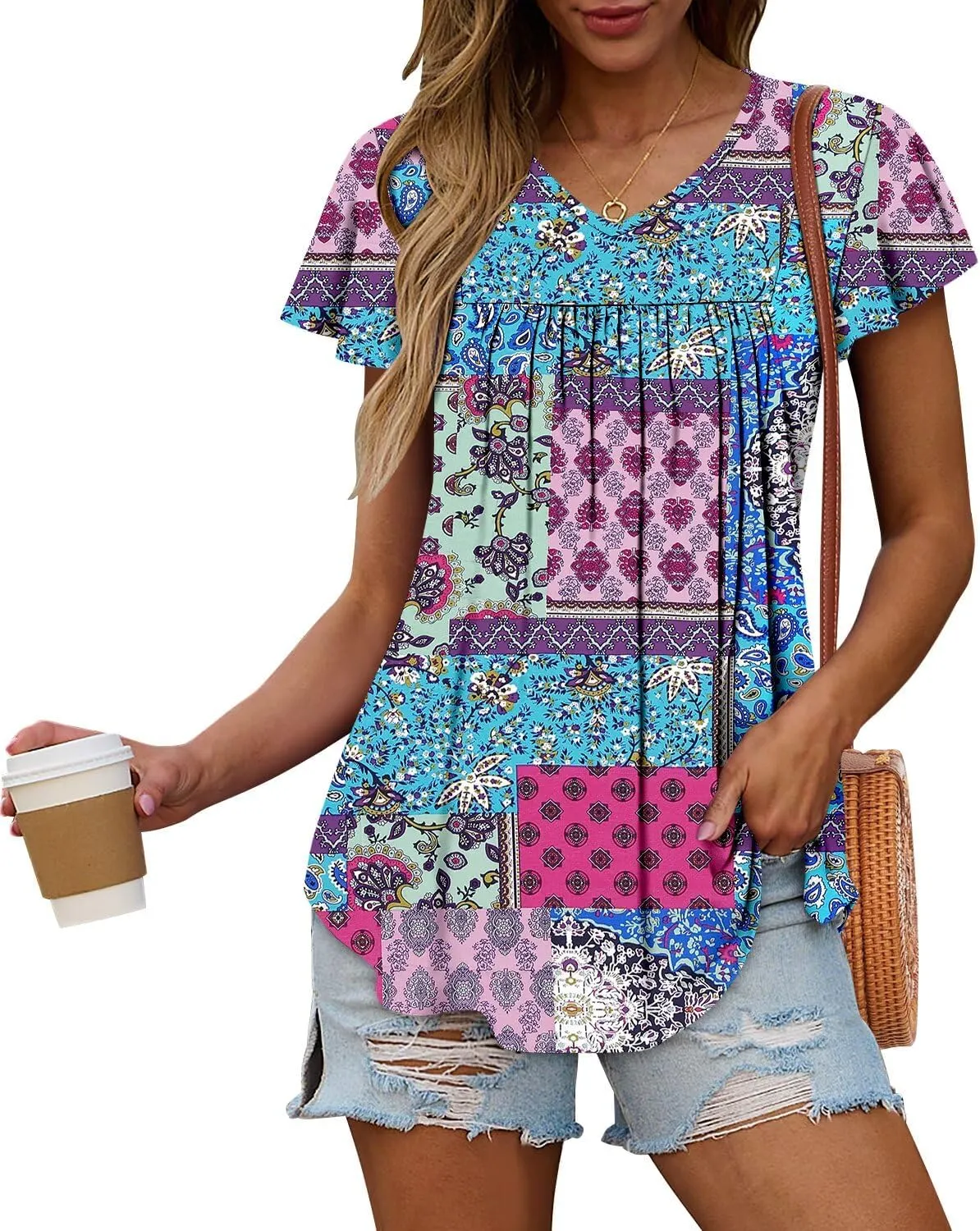 Magritta Womens Summer Tops Dressy Casual V Neck T Shirts Pleated Front Ruffle Short Sleeve Blouses Loose Fit Tunic Tops