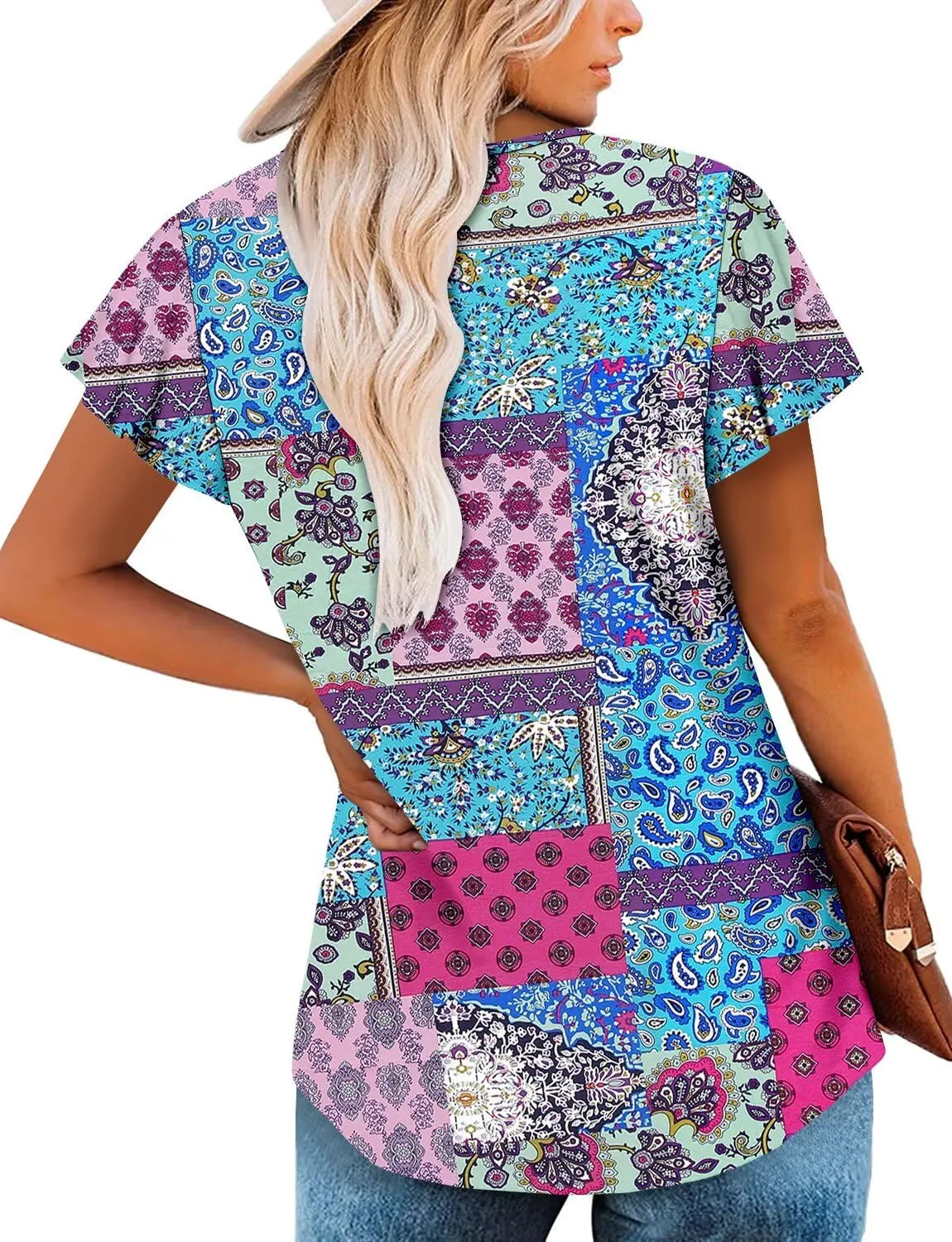 Magritta Womens Summer Tops Dressy Casual V Neck T Shirts Pleated Front Ruffle Short Sleeve Blouses Loose Fit Tunic Tops