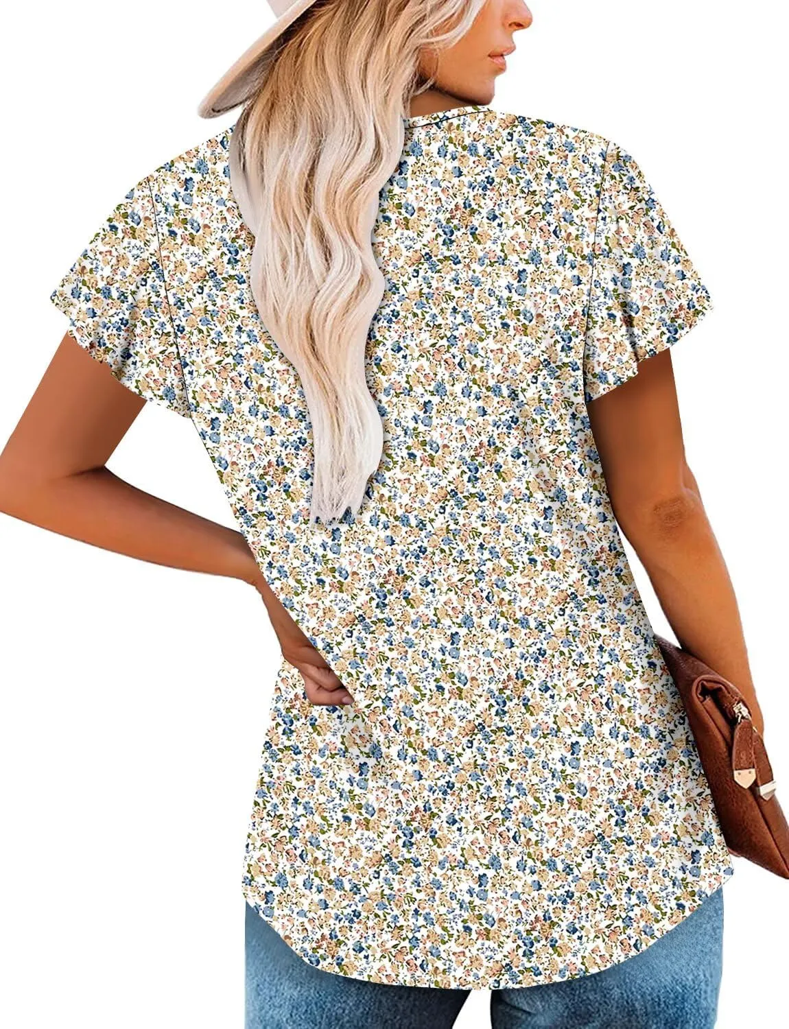 Magritta Womens Summer Tops Dressy Casual V Neck T Shirts Pleated Front Ruffle Short Sleeve Blouses Loose Fit Tunic Tops