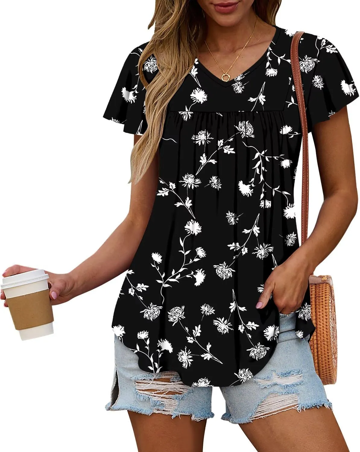 Magritta Womens Summer Tops Dressy Casual V Neck T Shirts Pleated Front Ruffle Short Sleeve Blouses Loose Fit Tunic Tops