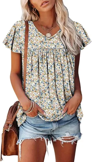 Magritta Womens Summer Tops Dressy Casual V Neck T Shirts Pleated Front Ruffle Short Sleeve Blouses Loose Fit Tunic Tops