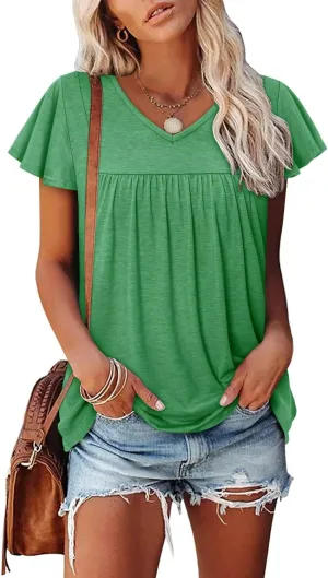 Magritta Womens Summer Tops Dressy Casual V Neck T Shirts Pleated Front Ruffle Short Sleeve Blouses Loose Fit Tunic Tops