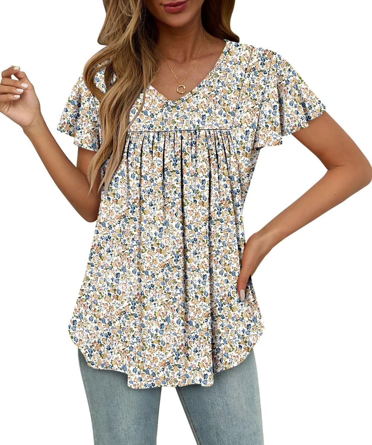 Magritta Womens Summer Tops Dressy Casual V Neck T Shirts Pleated Front Ruffle Short Sleeve Blouses Loose Fit Tunic Tops