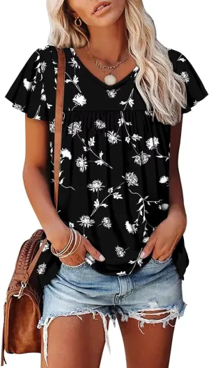 Magritta Womens Summer Tops Dressy Casual V Neck T Shirts Pleated Front Ruffle Short Sleeve Blouses Loose Fit Tunic Tops