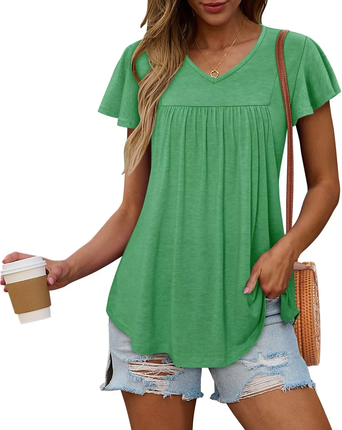 Magritta Womens Summer Tops Dressy Casual V Neck T Shirts Pleated Front Ruffle Short Sleeve Blouses Loose Fit Tunic Tops