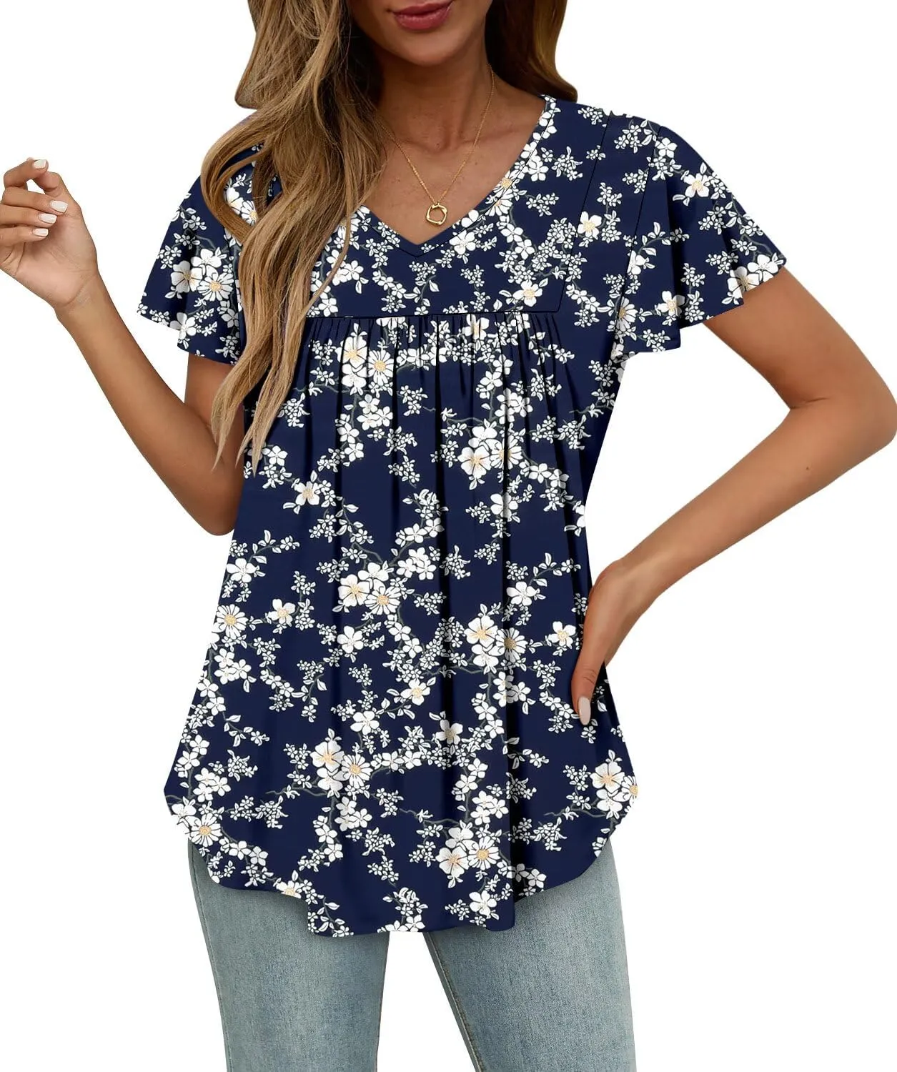 Magritta Womens Summer Tops Dressy Casual V Neck T Shirts Pleated Front Ruffle Short Sleeve Blouses Loose Fit Tunic Tops