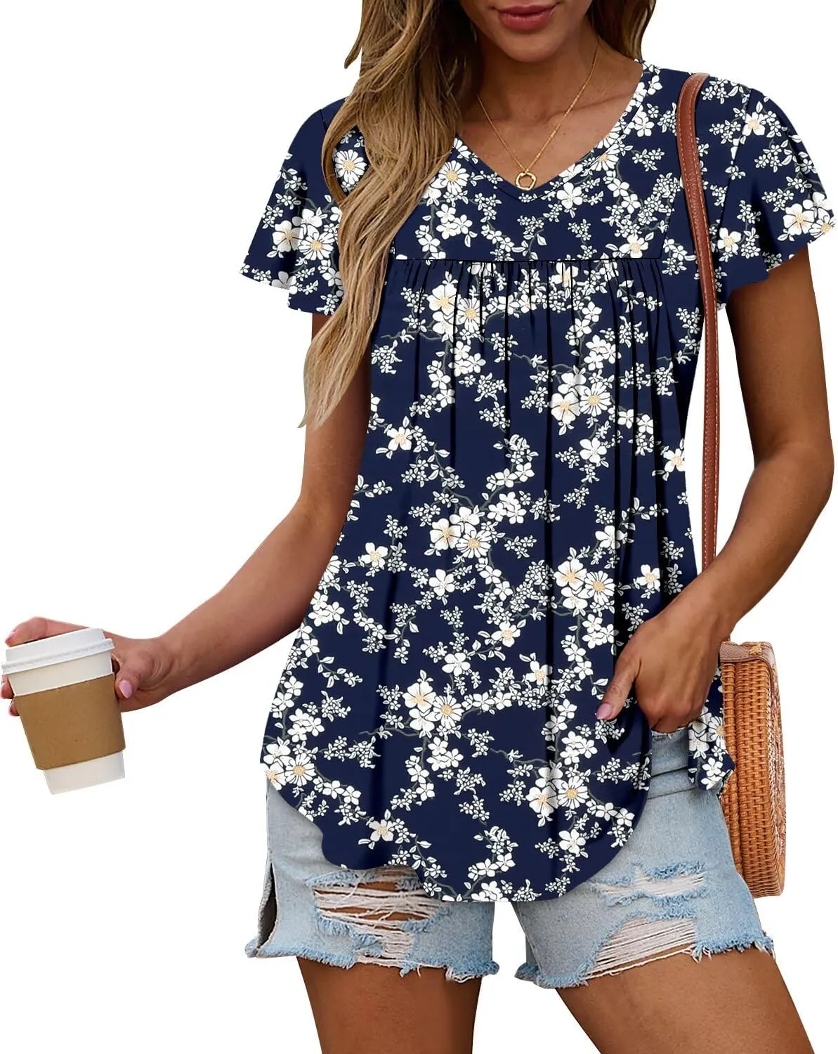 Magritta Womens Summer Tops Dressy Casual V Neck T Shirts Pleated Front Ruffle Short Sleeve Blouses Loose Fit Tunic Tops