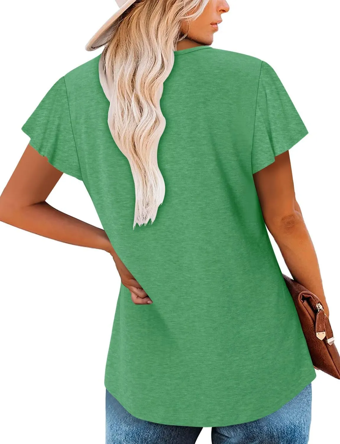 Magritta Womens Summer Tops Dressy Casual V Neck T Shirts Pleated Front Ruffle Short Sleeve Blouses Loose Fit Tunic Tops