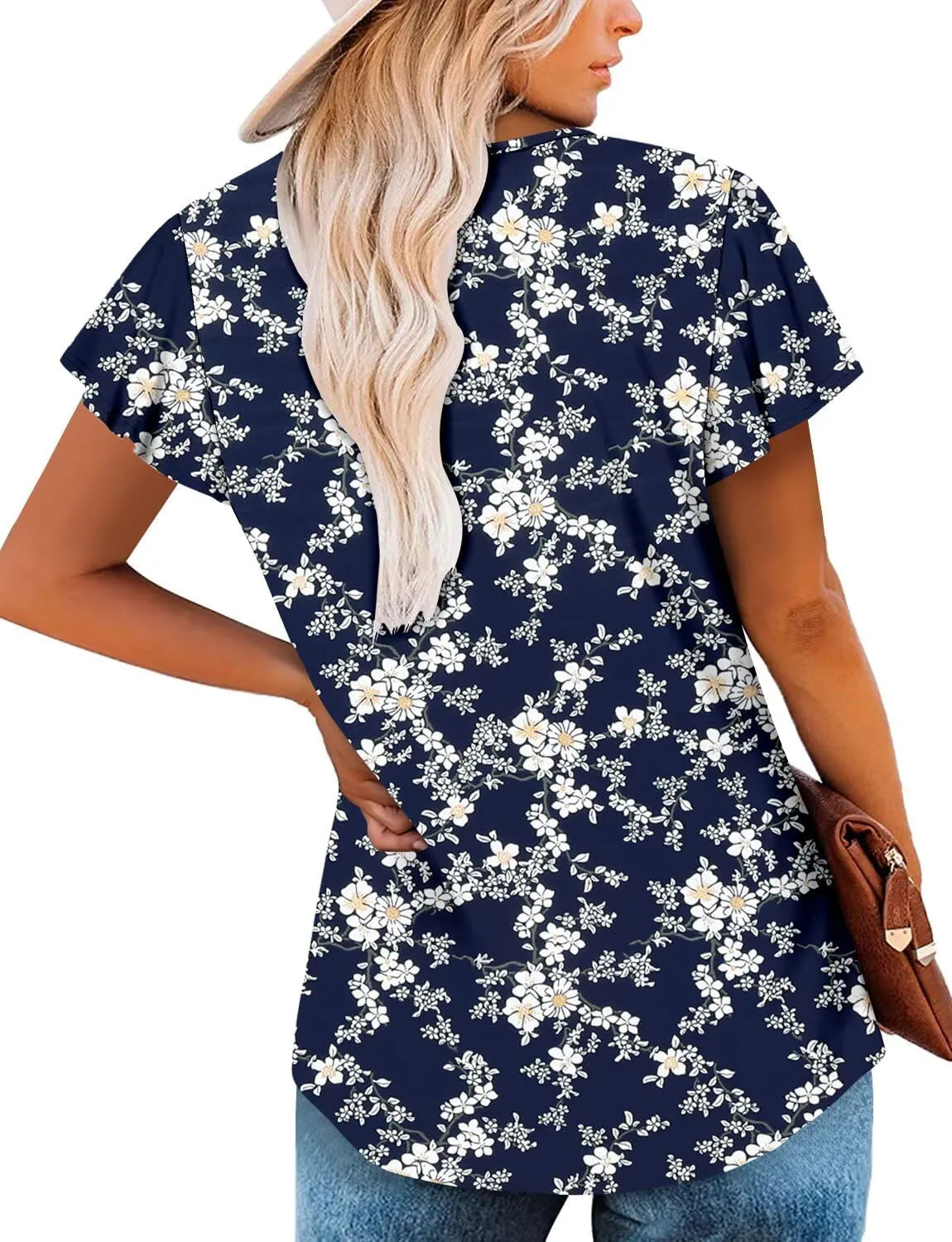 Magritta Womens Summer Tops Dressy Casual V Neck T Shirts Pleated Front Ruffle Short Sleeve Blouses Loose Fit Tunic Tops