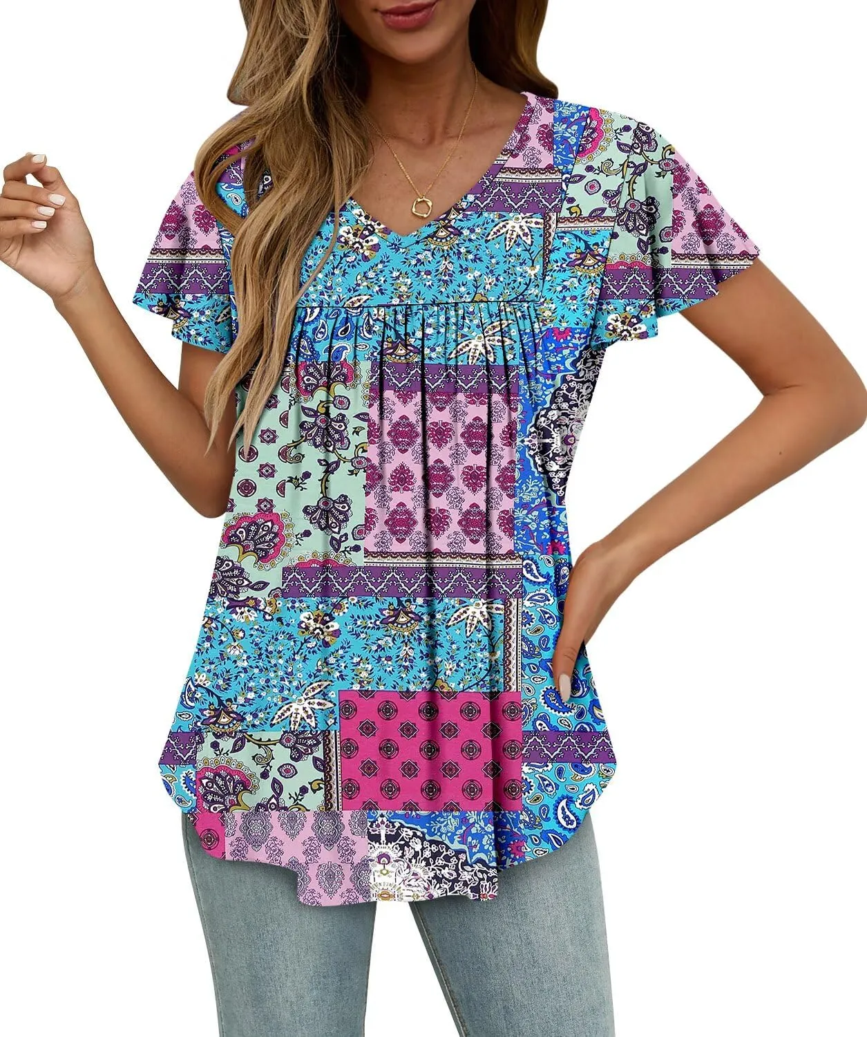 Magritta Womens Summer Tops Dressy Casual V Neck T Shirts Pleated Front Ruffle Short Sleeve Blouses Loose Fit Tunic Tops