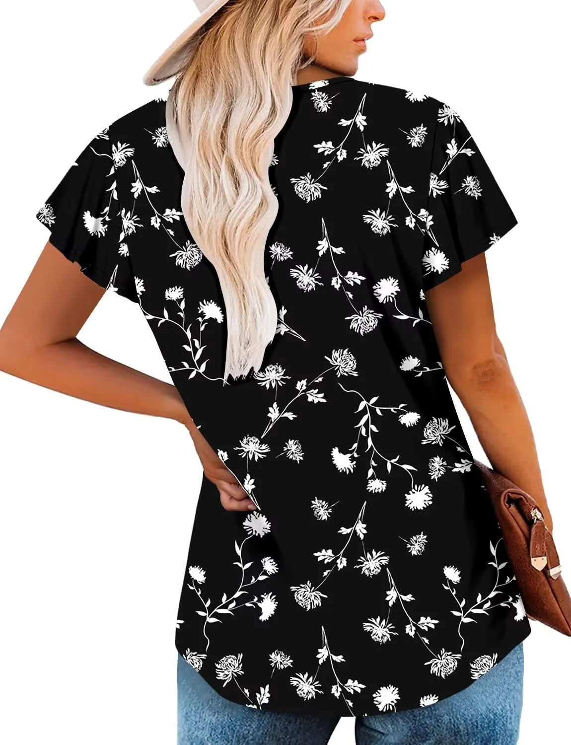 Magritta Womens Summer Tops Dressy Casual V Neck T Shirts Pleated Front Ruffle Short Sleeve Blouses Loose Fit Tunic Tops