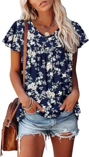 Magritta Womens Summer Tops Dressy Casual V Neck T Shirts Pleated Front Ruffle Short Sleeve Blouses Loose Fit Tunic Tops