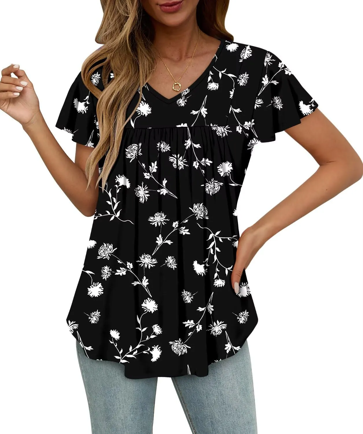 Magritta Womens Summer Tops Dressy Casual V Neck T Shirts Pleated Front Ruffle Short Sleeve Blouses Loose Fit Tunic Tops