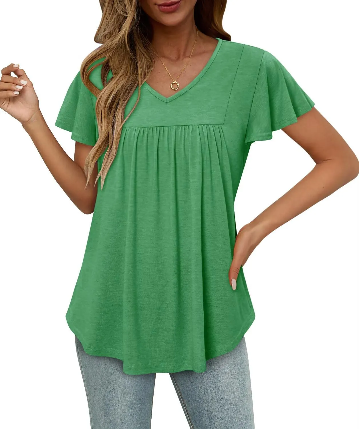 Magritta Womens Summer Tops Dressy Casual V Neck T Shirts Pleated Front Ruffle Short Sleeve Blouses Loose Fit Tunic Tops