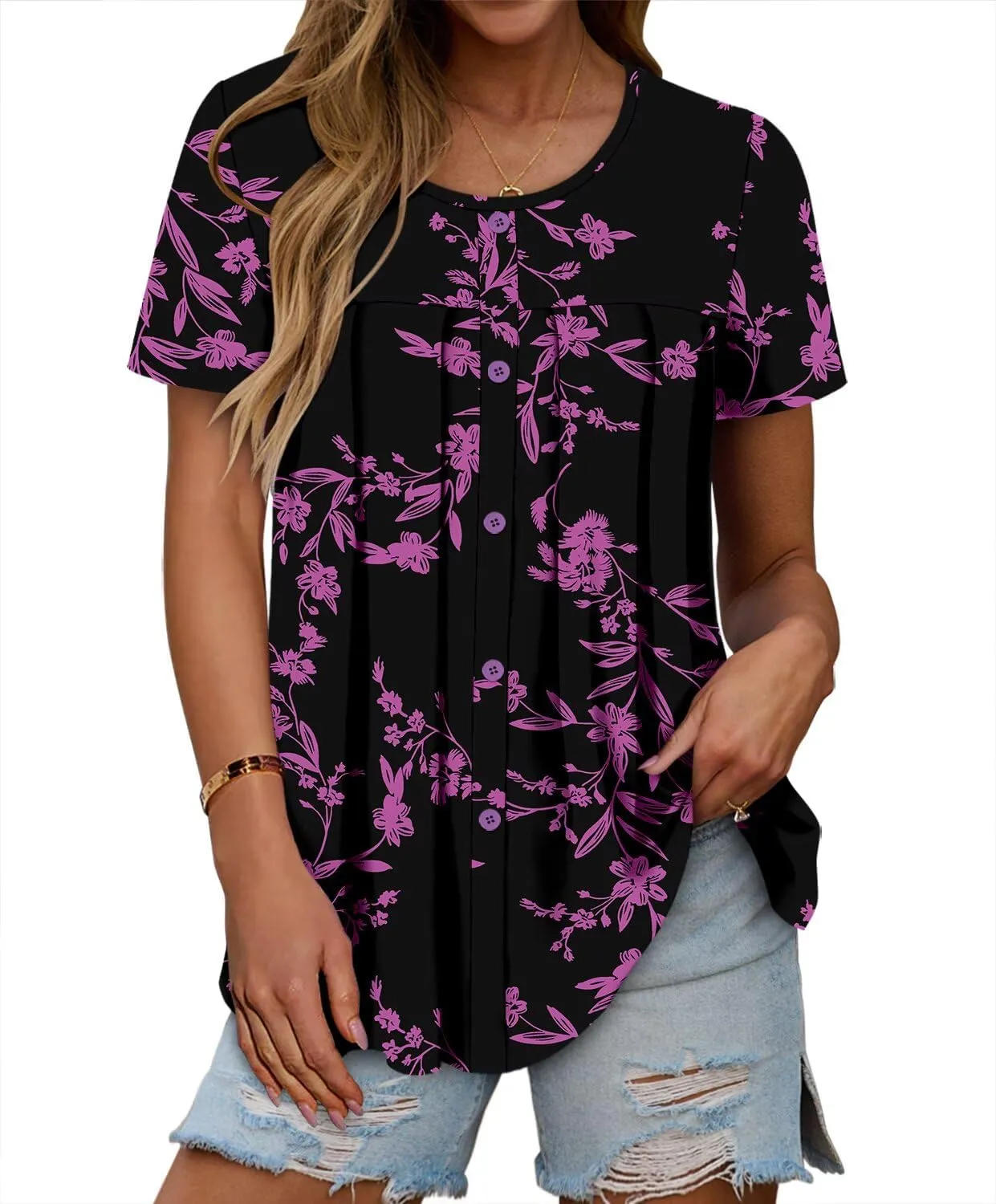 Magritta Women's T Shirts Trendy Fitted Pleated Front Summer Blouses Casual Buttons Round Neck Short Sleeve Tunic Tops