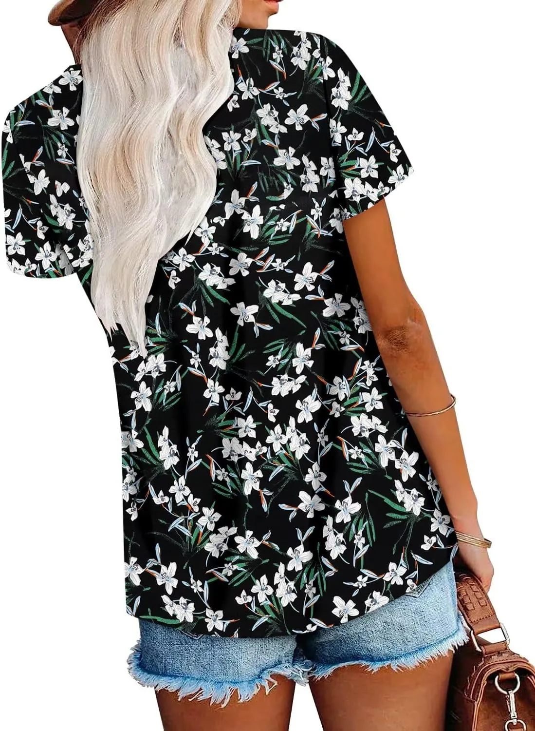 Magritta Women's T Shirts Trendy Fitted Pleated Front Summer Blouses Casual Buttons Round Neck Short Sleeve Tunic Tops
