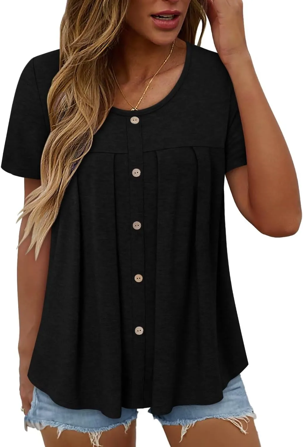 Magritta Women's T Shirts Trendy Fitted Pleated Front Summer Blouses Casual Buttons Round Neck Short Sleeve Tunic Tops
