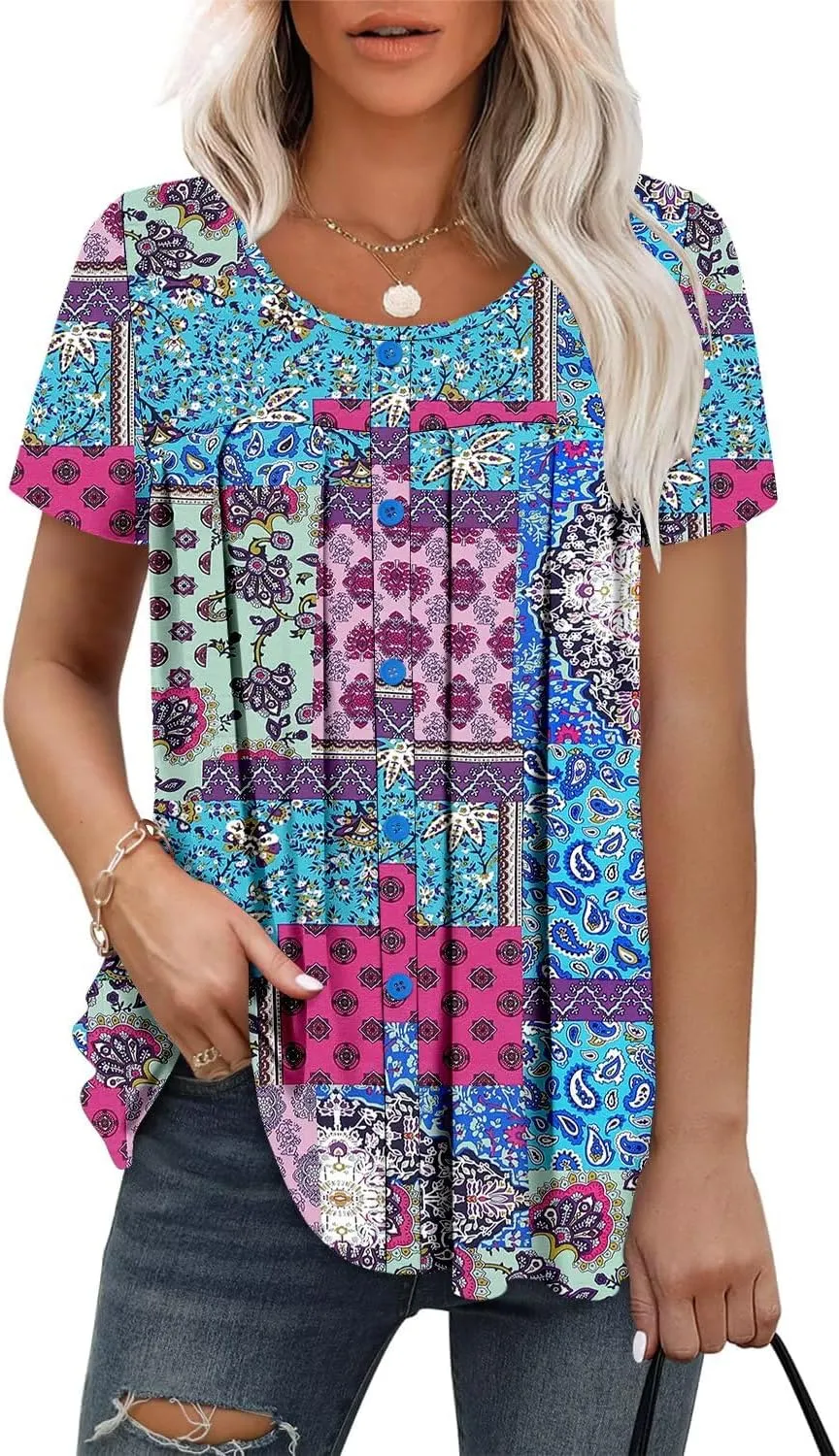 Magritta Women's T Shirts Trendy Fitted Pleated Front Summer Blouses Casual Buttons Round Neck Short Sleeve Tunic Tops
