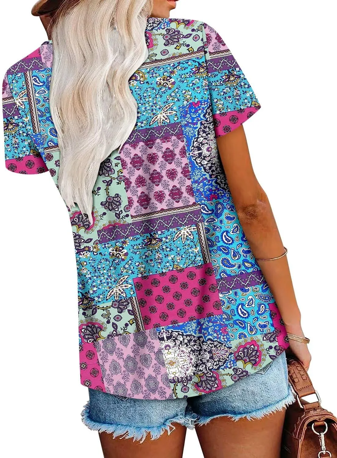 Magritta Women's T Shirts Trendy Fitted Pleated Front Summer Blouses Casual Buttons Round Neck Short Sleeve Tunic Tops