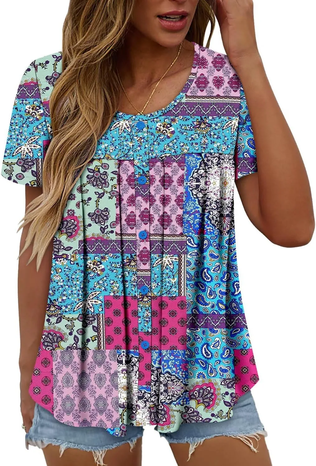Magritta Women's T Shirts Trendy Fitted Pleated Front Summer Blouses Casual Buttons Round Neck Short Sleeve Tunic Tops