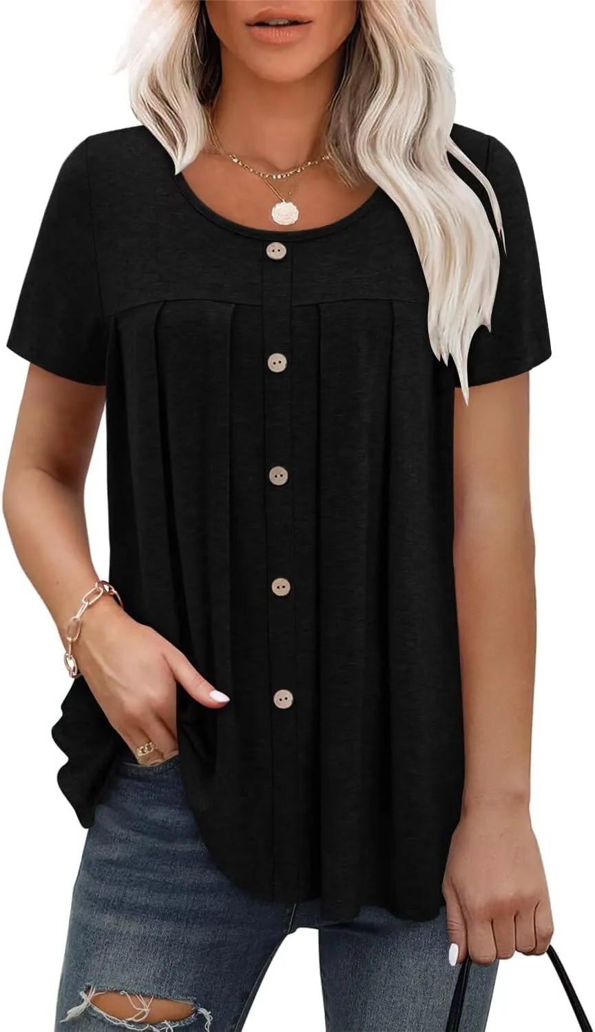 Magritta Women's T Shirts Trendy Fitted Pleated Front Summer Blouses Casual Buttons Round Neck Short Sleeve Tunic Tops
