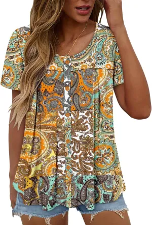 Magritta Women's T Shirts Trendy Fitted Pleated Front Summer Blouses Casual Buttons Round Neck Short Sleeve Tunic Tops