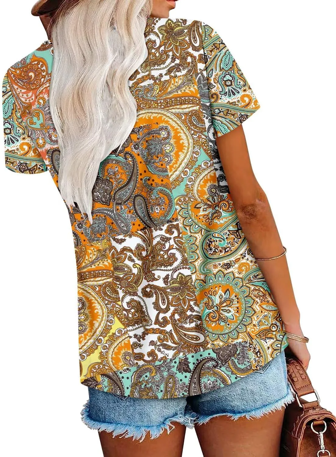 Magritta Women's T Shirts Trendy Fitted Pleated Front Summer Blouses Casual Buttons Round Neck Short Sleeve Tunic Tops