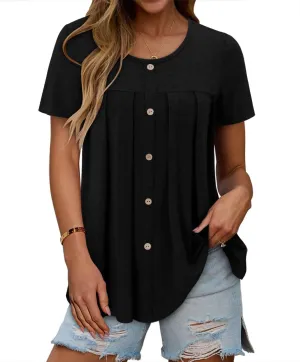 Magritta Women's T Shirts Trendy Fitted Pleated Front Summer Blouses Casual Buttons Round Neck Short Sleeve Tunic Tops