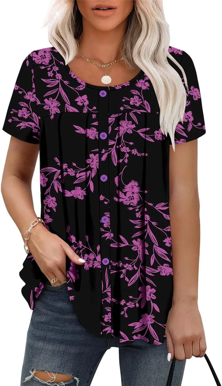 Magritta Women's T Shirts Trendy Fitted Pleated Front Summer Blouses Casual Buttons Round Neck Short Sleeve Tunic Tops