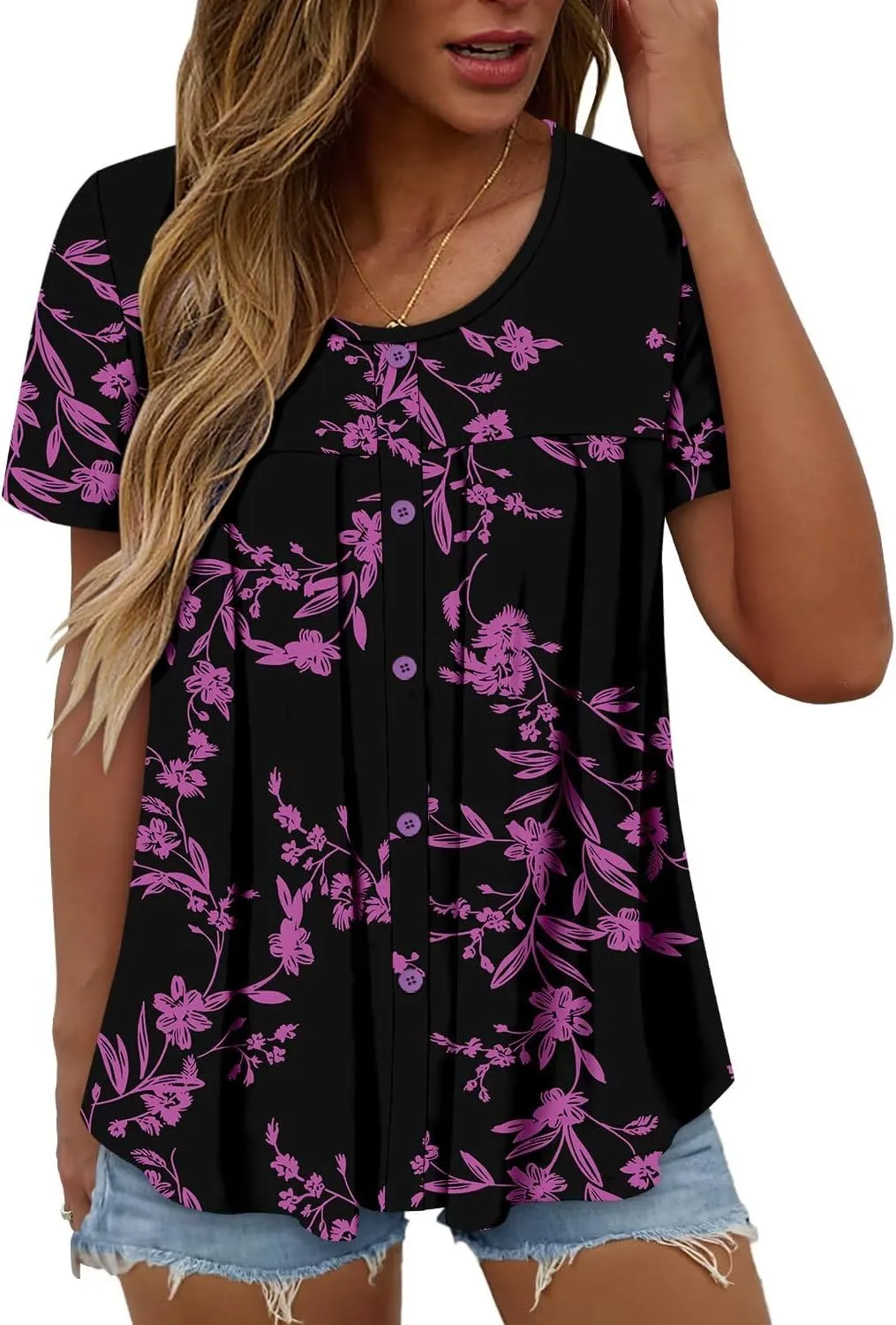 Magritta Women's T Shirts Trendy Fitted Pleated Front Summer Blouses Casual Buttons Round Neck Short Sleeve Tunic Tops