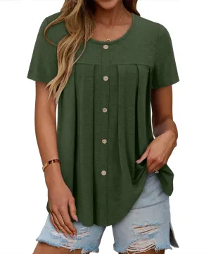 Magritta Women's T Shirts Trendy Fitted Pleated Front Summer Blouses Casual Buttons Round Neck Short Sleeve Tunic Tops
