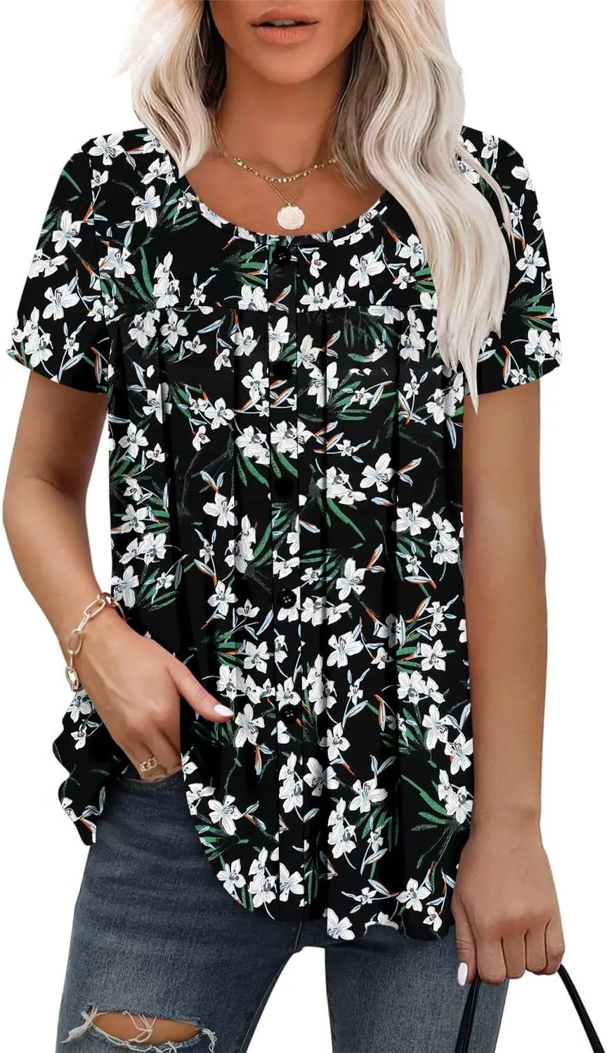 Magritta Women's T Shirts Trendy Fitted Pleated Front Summer Blouses Casual Buttons Round Neck Short Sleeve Tunic Tops