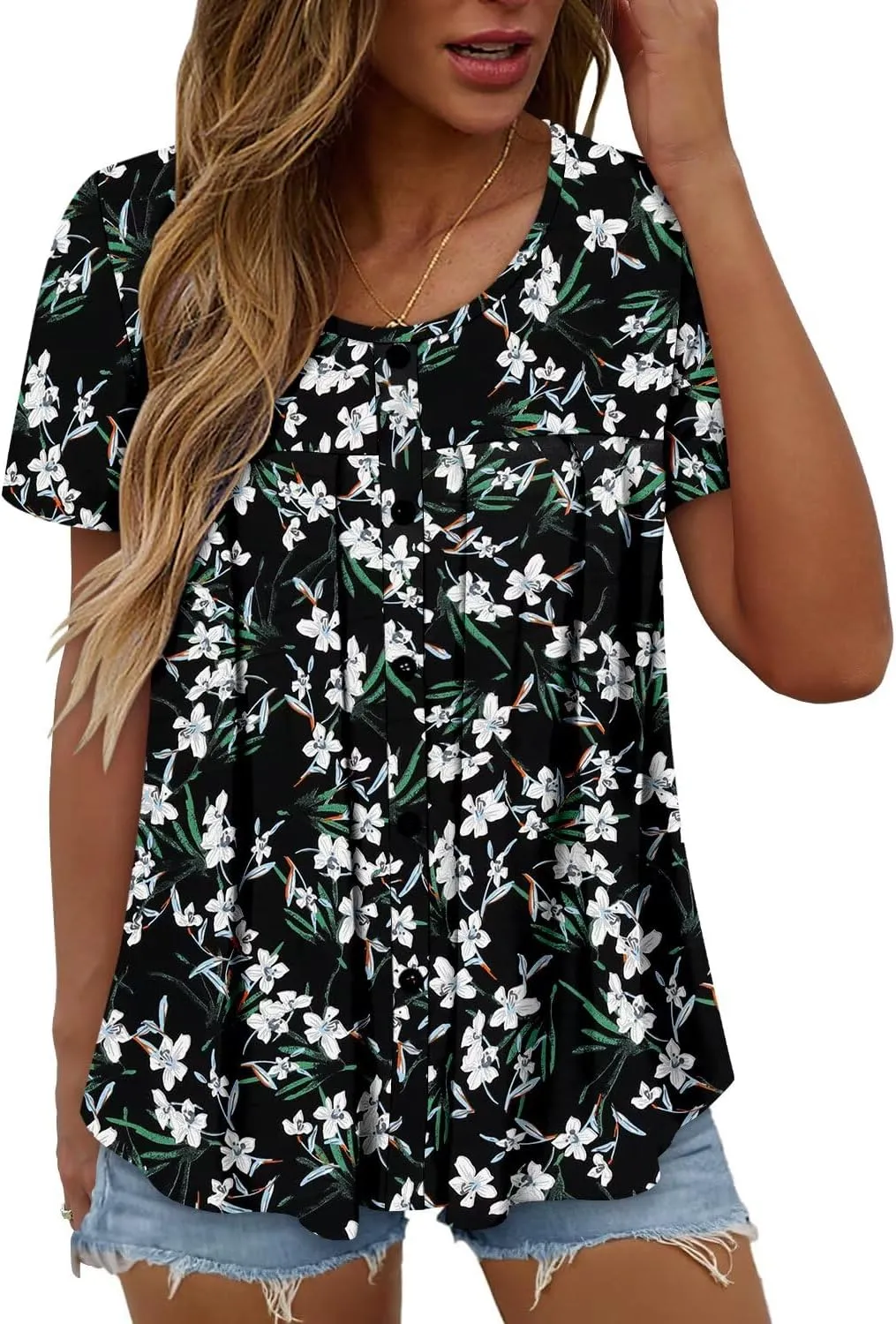 Magritta Women's T Shirts Trendy Fitted Pleated Front Summer Blouses Casual Buttons Round Neck Short Sleeve Tunic Tops