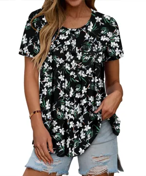 Magritta Women's T Shirts Trendy Fitted Pleated Front Summer Blouses Casual Buttons Round Neck Short Sleeve Tunic Tops