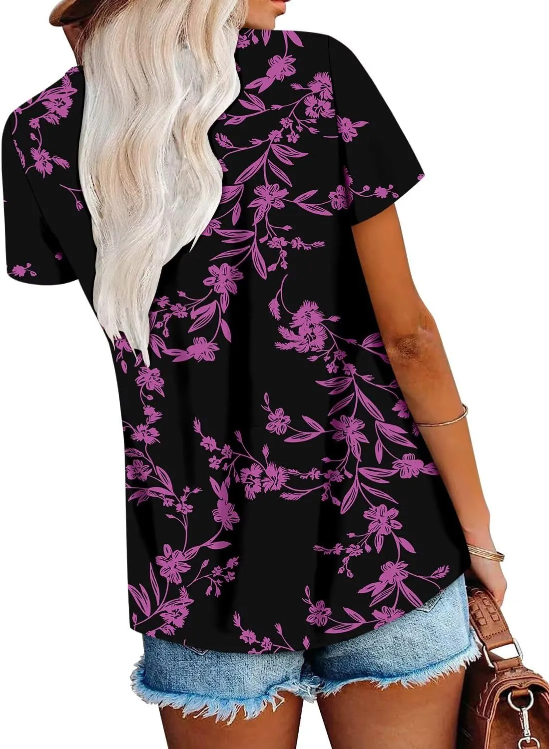 Magritta Women's T Shirts Trendy Fitted Pleated Front Summer Blouses Casual Buttons Round Neck Short Sleeve Tunic Tops