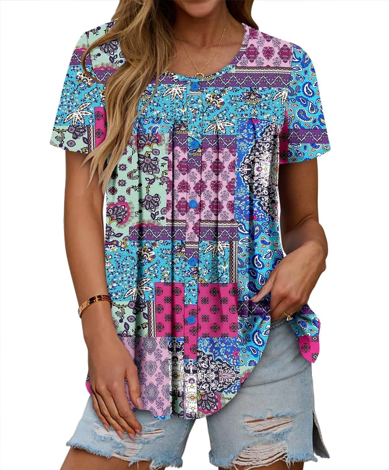 Magritta Women's T Shirts Trendy Fitted Pleated Front Summer Blouses Casual Buttons Round Neck Short Sleeve Tunic Tops