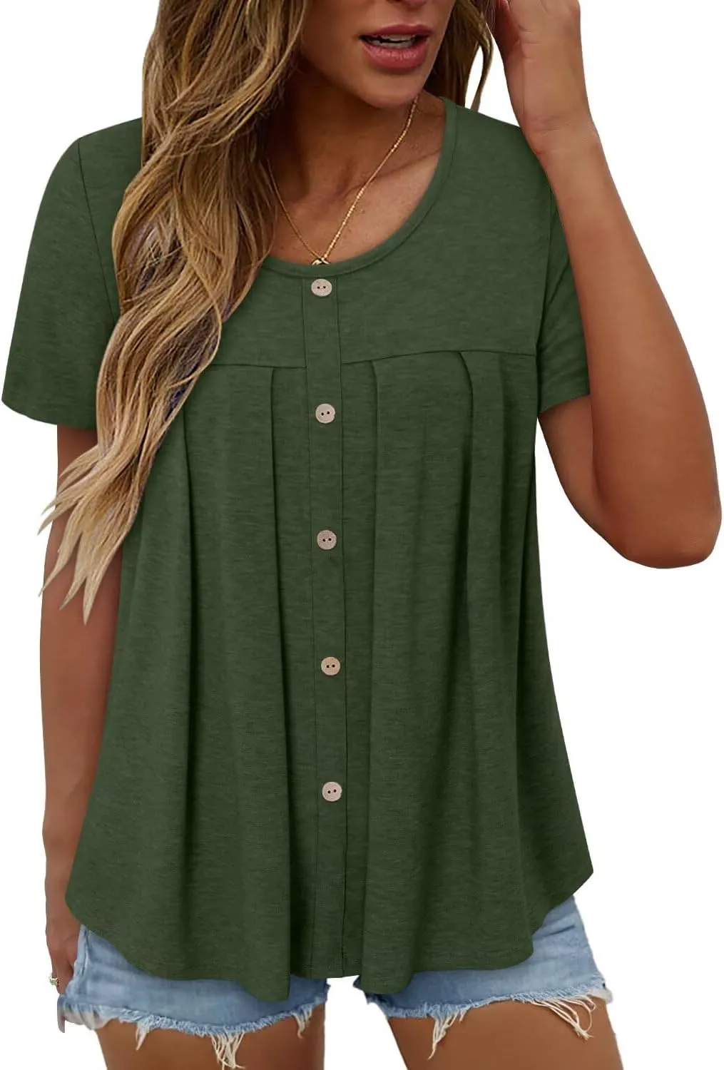 Magritta Women's T Shirts Trendy Fitted Pleated Front Summer Blouses Casual Buttons Round Neck Short Sleeve Tunic Tops