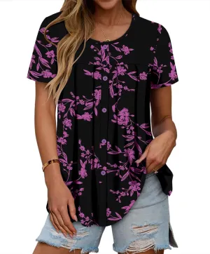 Magritta Women's T Shirts Trendy Fitted Pleated Front Summer Blouses Casual Buttons Round Neck Short Sleeve Tunic Tops