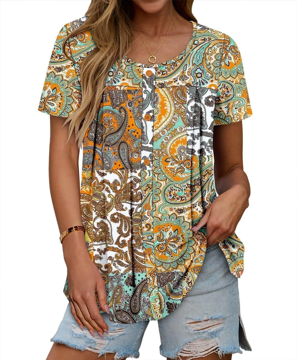 Magritta Women's T Shirts Trendy Fitted Pleated Front Summer Blouses Casual Buttons Round Neck Short Sleeve Tunic Tops