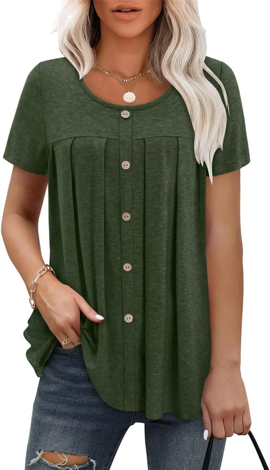 Magritta Women's T Shirts Trendy Fitted Pleated Front Summer Blouses Casual Buttons Round Neck Short Sleeve Tunic Tops