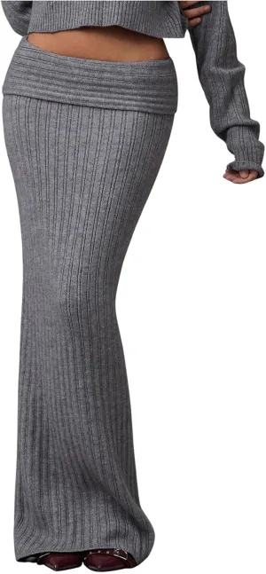 MakeMeChic Women's Drop Waist Sweater Skirt Y2k Fold Over Bodycon Maxi Skirts