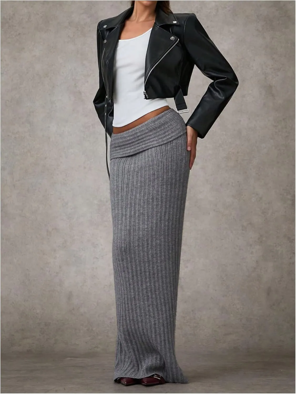 MakeMeChic Women's Drop Waist Sweater Skirt Y2k Fold Over Bodycon Maxi Skirts