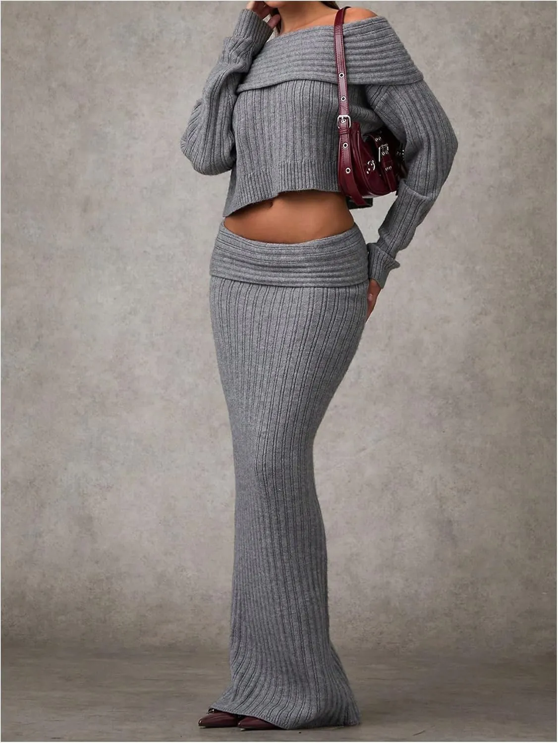 MakeMeChic Women's Drop Waist Sweater Skirt Y2k Fold Over Bodycon Maxi Skirts