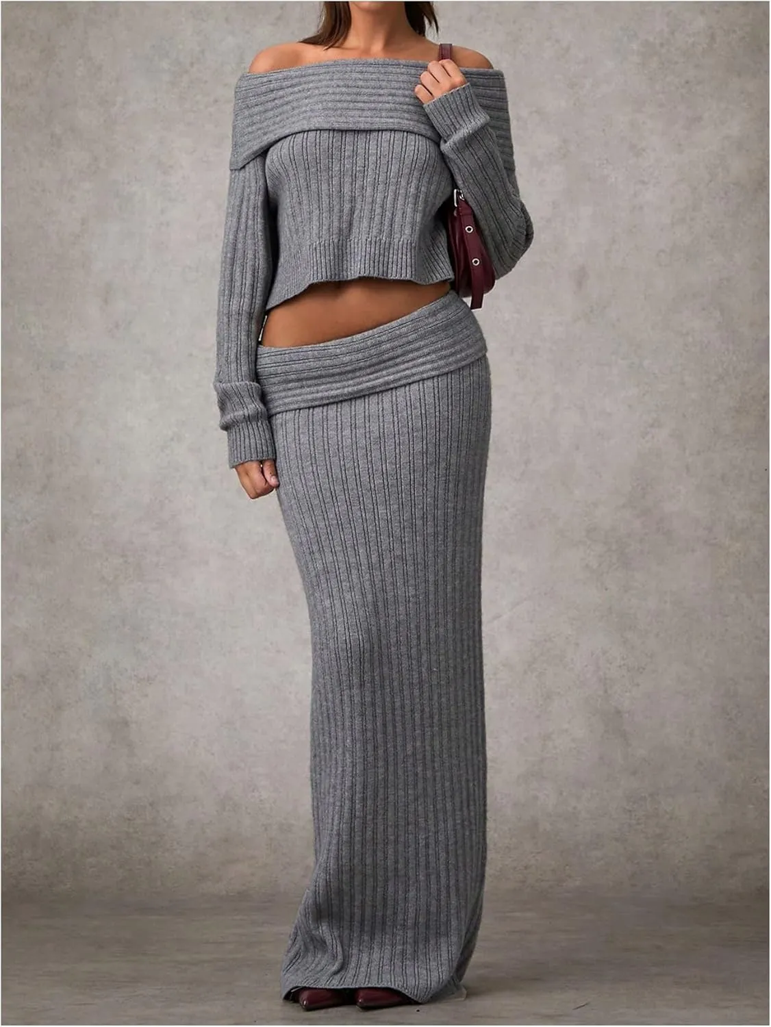 MakeMeChic Women's Drop Waist Sweater Skirt Y2k Fold Over Bodycon Maxi Skirts