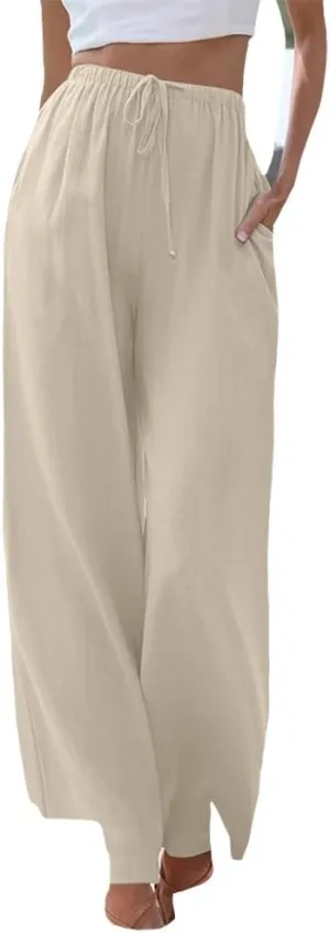 MARSVOVO Trendy Summer Pants for Women High Waisted Casual Straight Wide Leg Pants Comfy Fitted Summer Trousers with Pockets