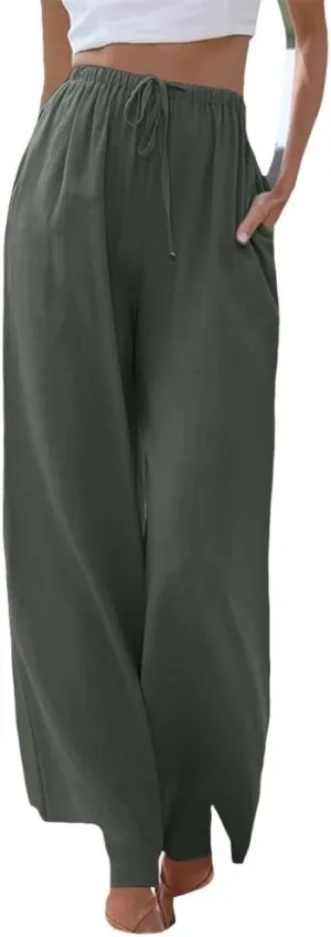 MARSVOVO Trendy Summer Pants for Women High Waisted Casual Straight Wide Leg Pants Comfy Fitted Summer Trousers with Pockets