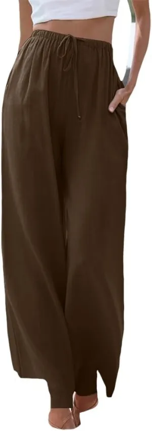 MARSVOVO Trendy Summer Pants for Women High Waisted Casual Straight Wide Leg Pants Comfy Fitted Summer Trousers with Pockets