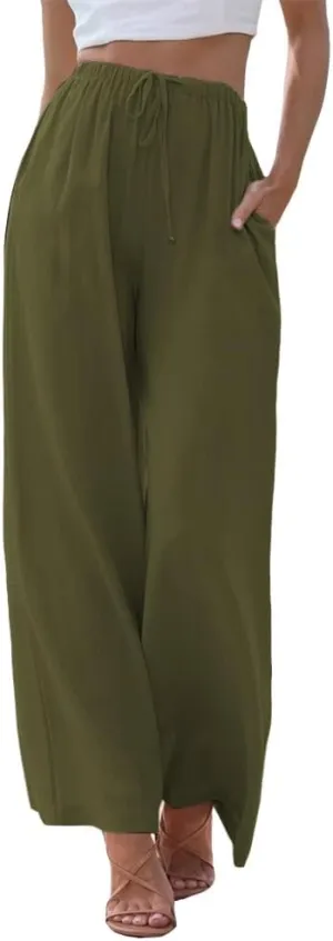 MARSVOVO Trendy Summer Pants for Women High Waisted Casual Straight Wide Leg Pants Comfy Fitted Summer Trousers with Pockets